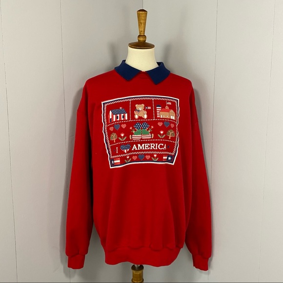 Vintage 90s Red Collared Patriotic Graphic USA Sweatshirt - Picture 2 of 12